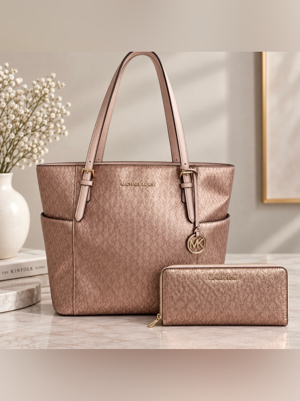 Michael Kors Jet Set Metallic Rose Tote with Matching Wallet